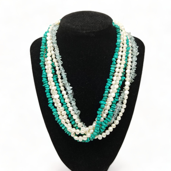 Lucoral Necklace 925 Sterling Multistrand Baroque Pearl Sea Glass Turquois Beads - Picture 1 of 6